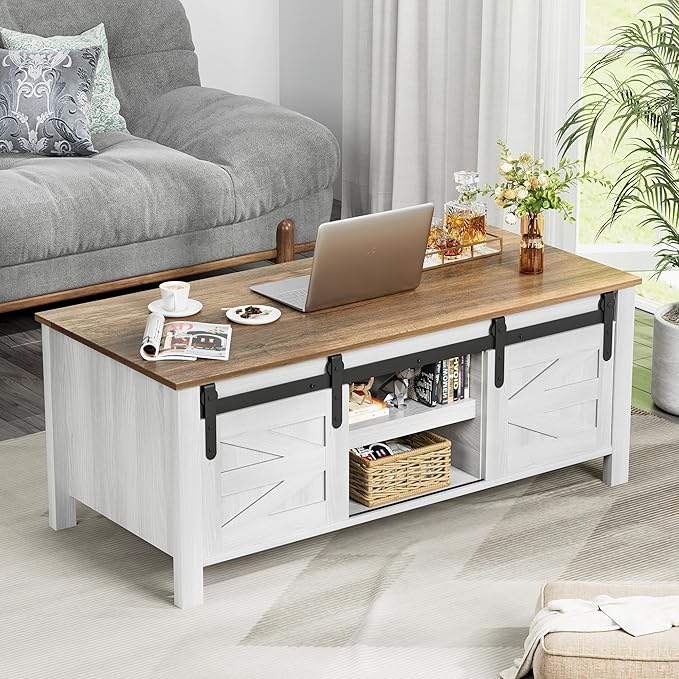 YESHOMY Coffee Table with Sliding Barn Doors & Storage, Wooden Center - Image 4