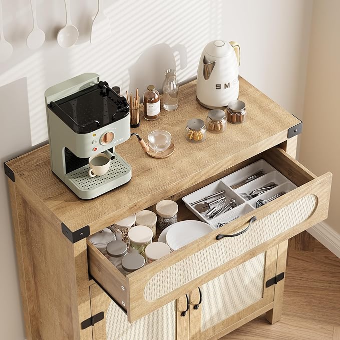 IDEALHOUSE Rattan Cabinet with Drawer, Sideboard with Synthetic Rattan-Accent - Image 6