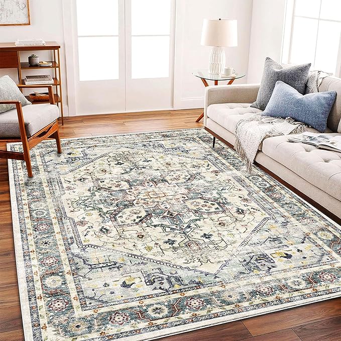 Area Rug 5'x7' Cyan Khaki Washable Vintage Traditional Floor Cover Thin Retro by CHAMPLANT