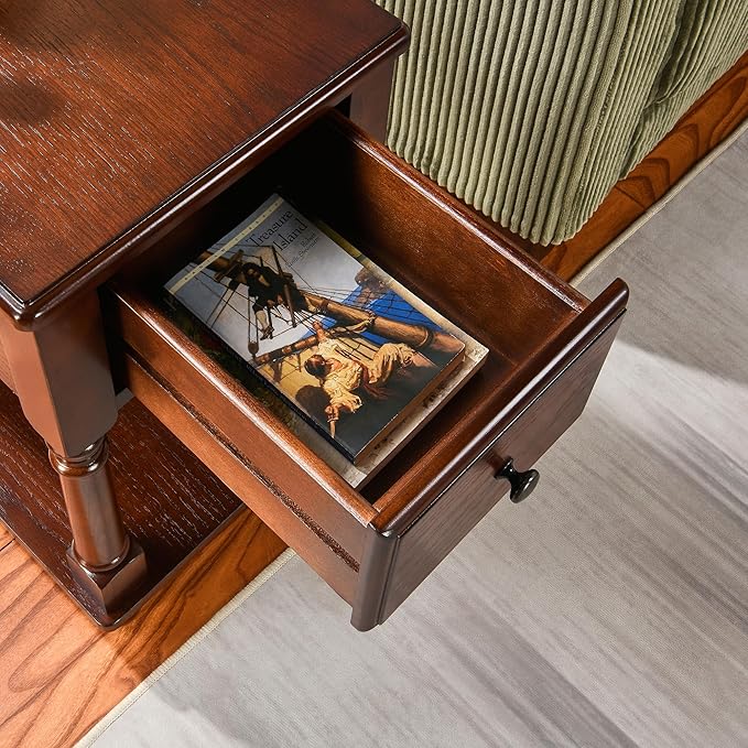 Narrow End Table with Drawer and Storage Shelf, Solid Wood Sofa Side Tables - Image 5