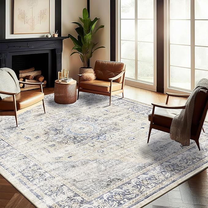 Washable Area Rug 8'x10' Floral Blue Boho Design Non-Shedding Non-Slip Easy by CHAMPLANT