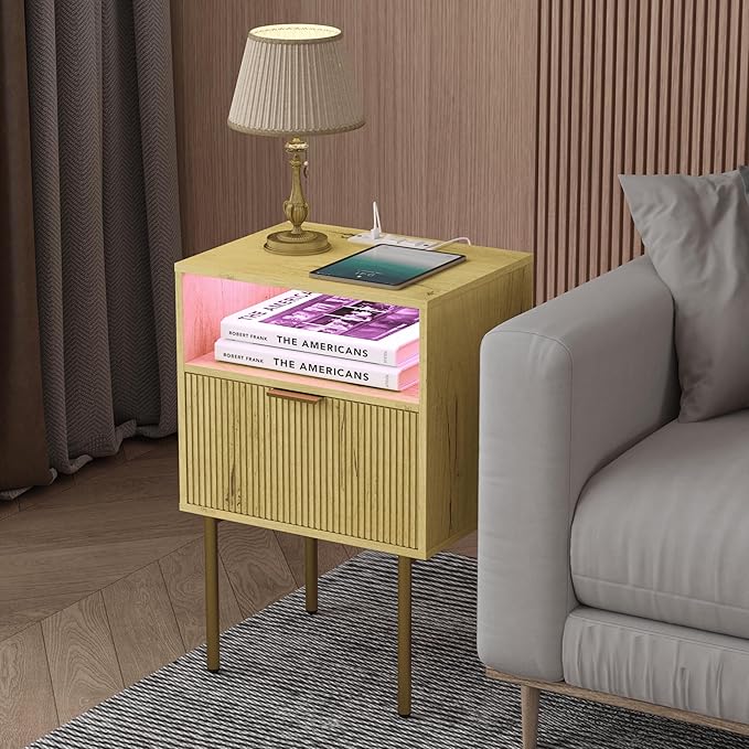 Nightstand with Charging Station, Bedside Table with Storage Drawer, Fluted - Image 6
