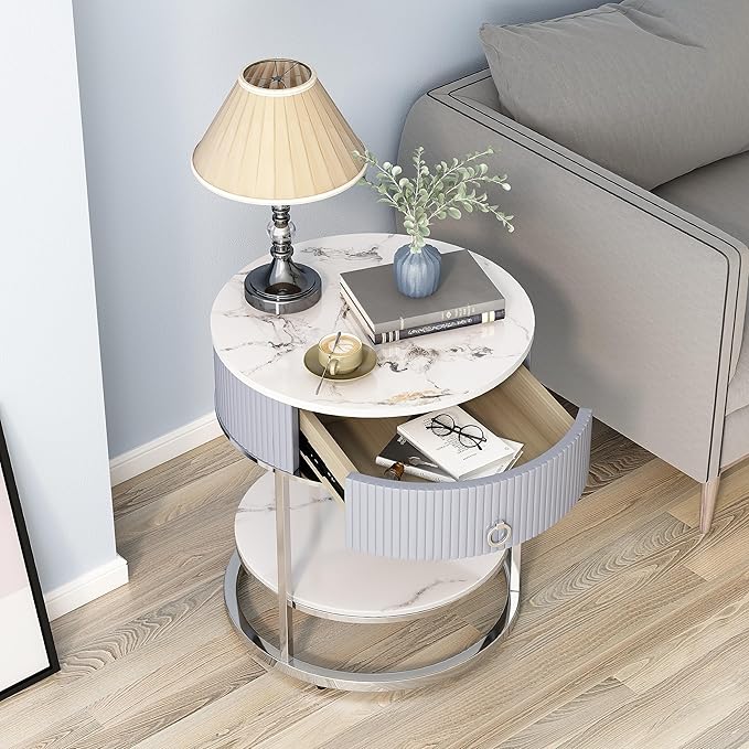 OIOG Modern End Table with Drawer, 2 Tier Side Table with Shelf, Round - Image 3