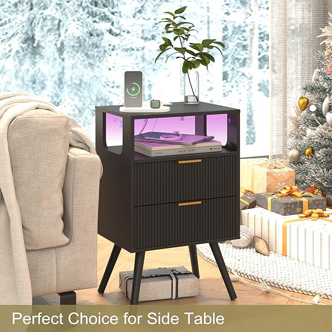 Black Nightstand with Charging Station and LED Lights, Modern Bedside Table - Image 7