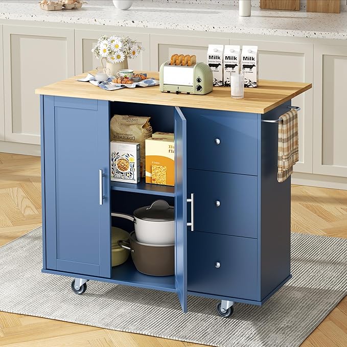 Shintenchi Kitchen Island with Folding Drop Leaf, Rolling Island Table with - Image 2