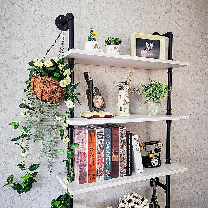 Pipe Shelves, Wall Mounted Wood Metal Industrial Shelves, Ladder Bookshelf - Image 5