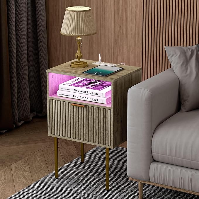 Modern Nightstand with Charging Station and LED Lights, Fluted Side Table - Image 6