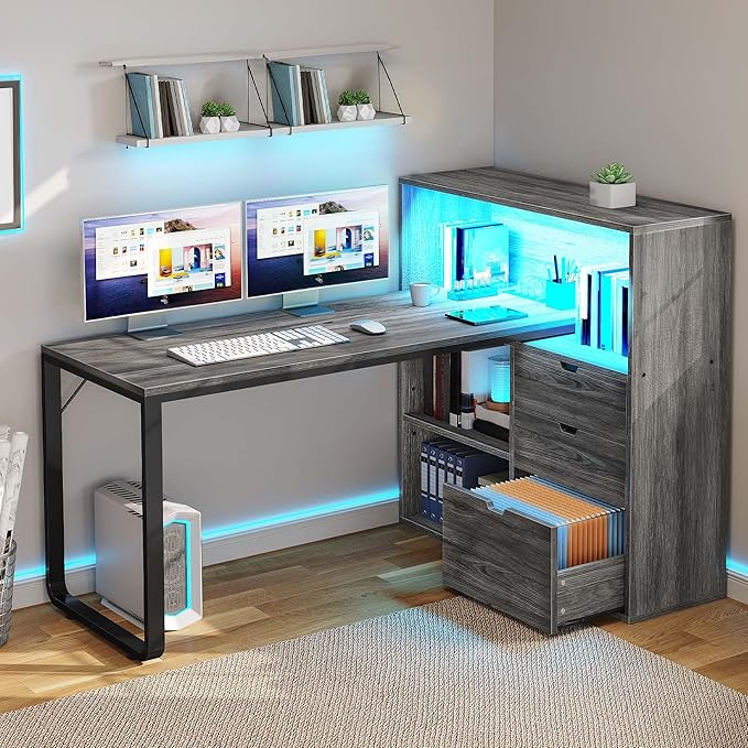 DWVO L Shaped Desk with Drawers, Home Office Desk with Storage Shelves - Image 3