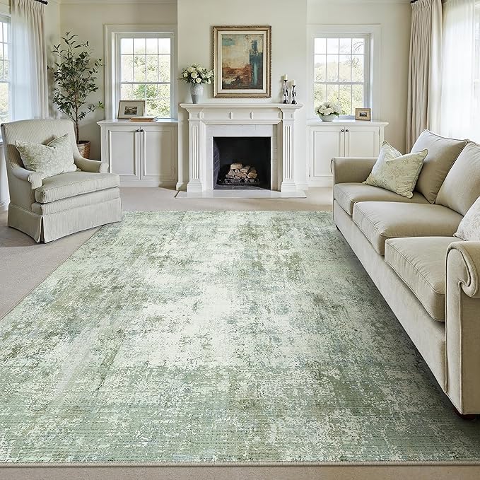 6x9 Washable Area Rug Green Modern Neutral Abstract Living Room Bedroom Indoor by WondRg