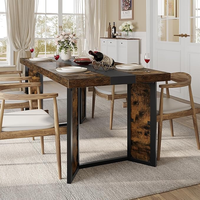 Industrial Dining Table for 6-8 People, Rustic Style Rectangular Dinner Table - Image 4