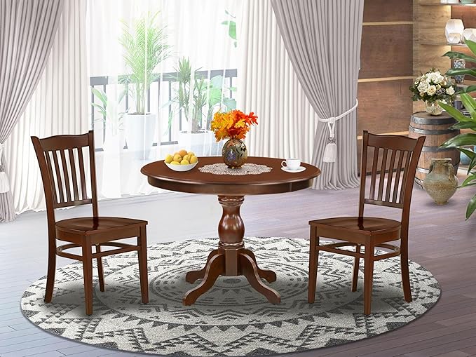 East West Furniture HBGR3-MAH-W 3 Piece Dining Room Table Set Contains a Round - Image 2