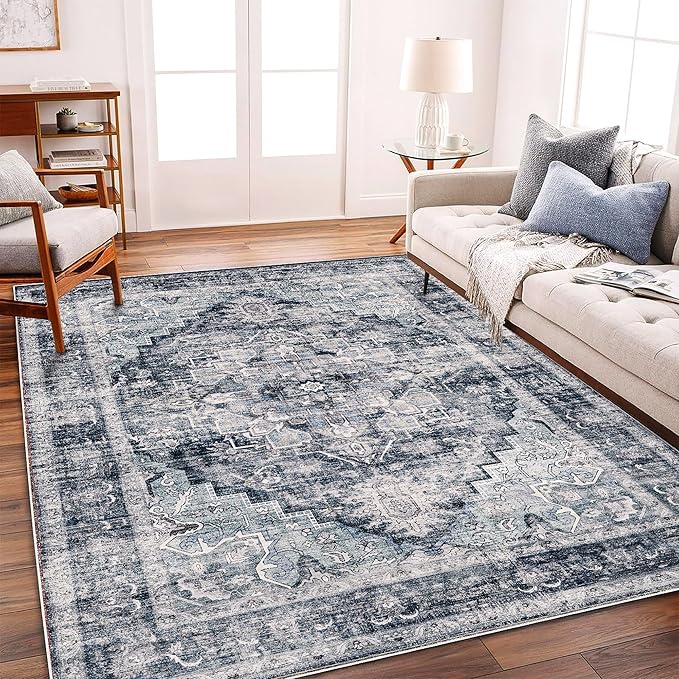 Washable Area Rug 10'x14' Dark Blue Retro Flowers Boho Design Non-Shedding Easy - Image 3