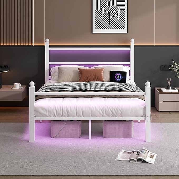 Queen Bed Frame with Headboard and Footboard, Steel Slats Support-LED Bed Frame by CLIBFENG