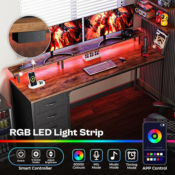 Huuger 63 Inch Rustic Brown Gaming & Office Computer Desk - Image 3