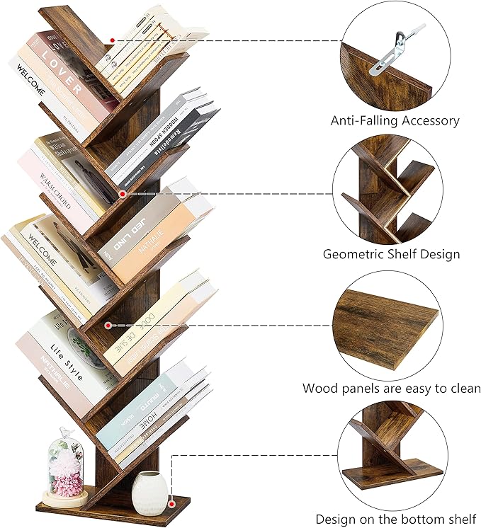 Hoctieon 10 Tier Tree Bookshelf, 10 Shelf Bookcase, Free Standing Tree Bookcase - Image 8