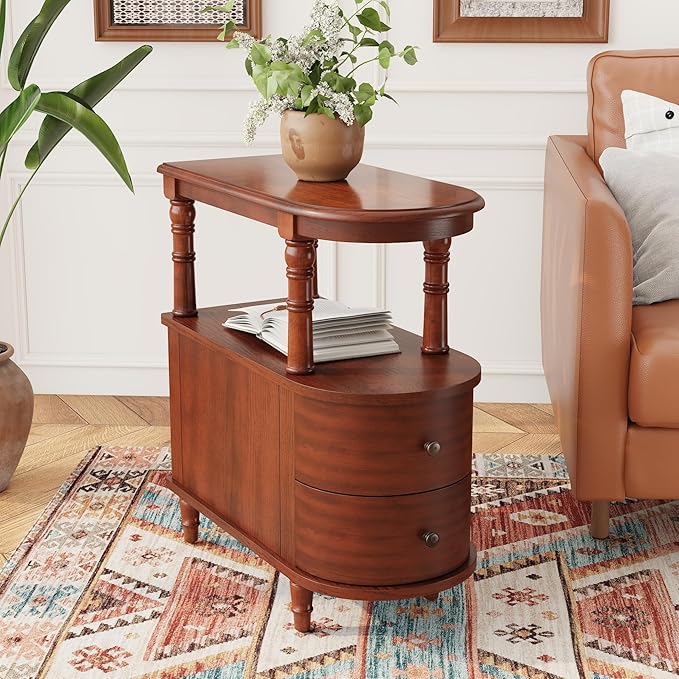 2 Set of Wood End Table with 2 Drawers and Storage Shelf, Narrow Sofa Side Table - Image 6