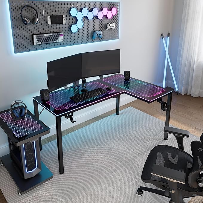 EUREKA ERGONOMIC RGB LED Lights 60 Inch L Shaped Reversible Black Glass Gaming - Image 2