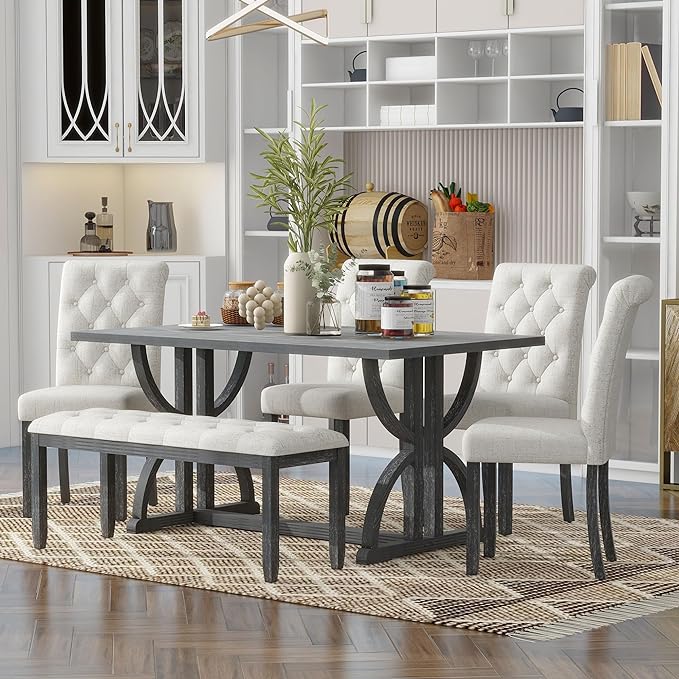 SogesPower 6-Piece Dining Table Set, Rectangular Farmhouse Kitchen Dining Table by SogesPower