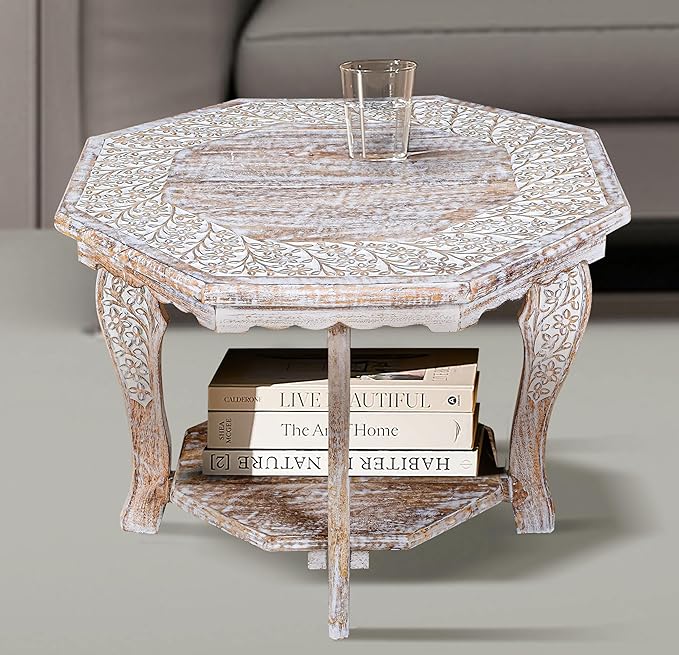 Farmhouse Carved Octagonal End Table – Rustic Accent Side Table by TheWoodenTown