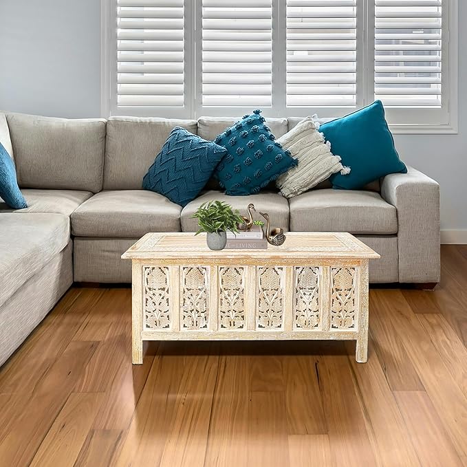 The Wooden Town Rectangular Coffee Table – 36x18 Inch White Wash Finish | - Image 7