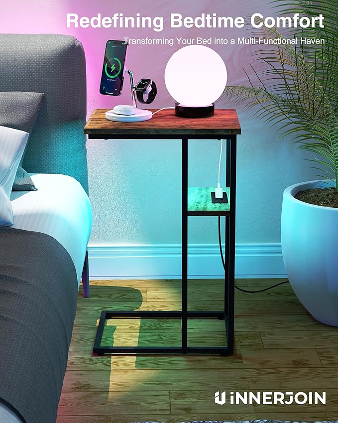 Innerjoin Side Table with Charging Station Set of 2, C Shaped End Table with - Image 6