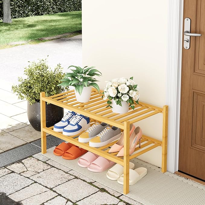 Smiry Shoe Rack, 2 Tier Thick Bamboo Shoe Organizer, Stackable Free Standing - Image 7