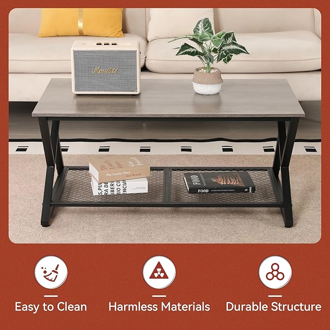 SENIG Coffee Table with Storage Shelf, Industrial Metal Wood Living Room Tables - Image 4