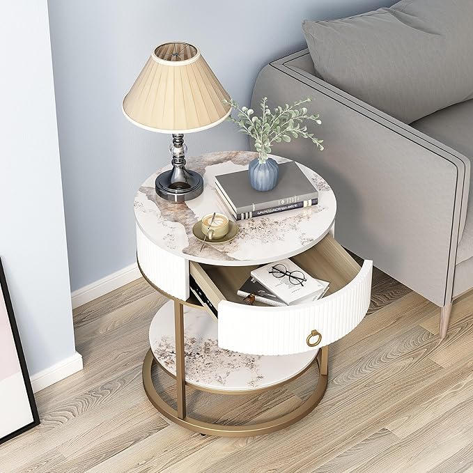 OIOG Round Side Table with Drawer, 2 Tier Night Stand with Shelf, Modern Side - Image 3