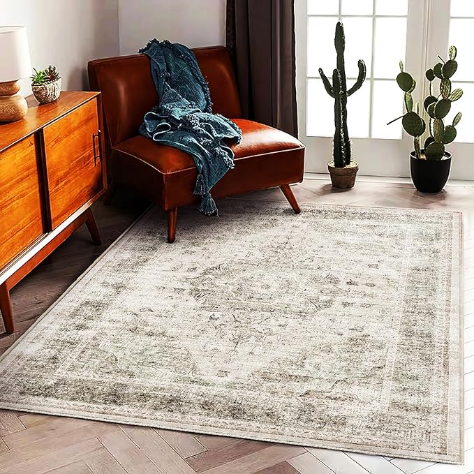 Washable Area Rug 4'x6' Floral Khaki Traditional Floor Cover Foldable Thin Rugs - Image 2