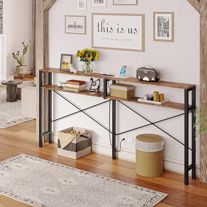 IRONCK Console Table with Power Outlet, Long Sofa Table with Shelves and - Image 2