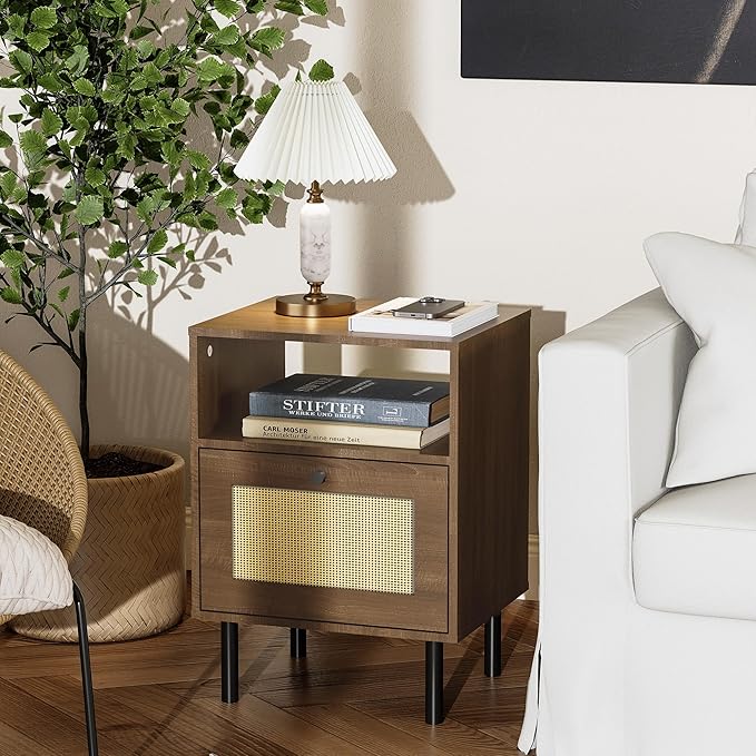 Rattan Nightstand with Storage Boho Modern Farmhouse Bedside Table with Drawer - Image 2