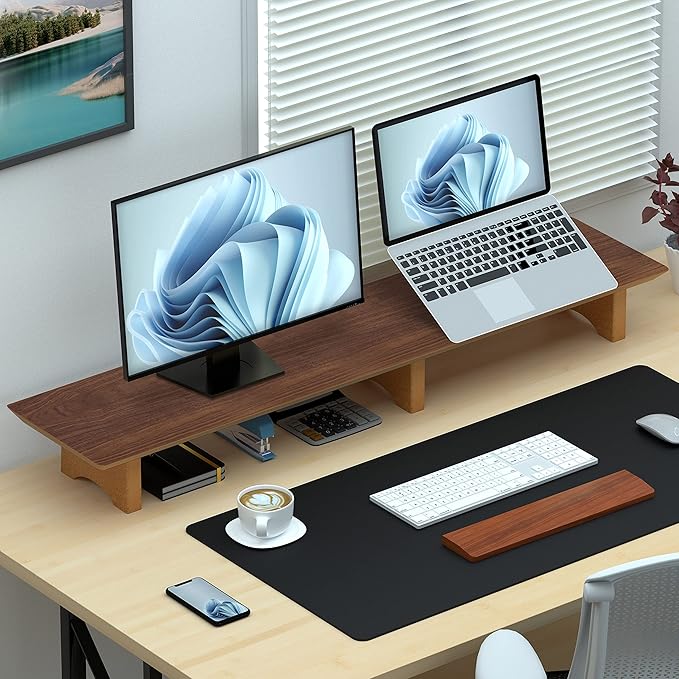 Aothia Large Dual Monitor Stand Riser, Solid Wood Desk Shelf - Image 5