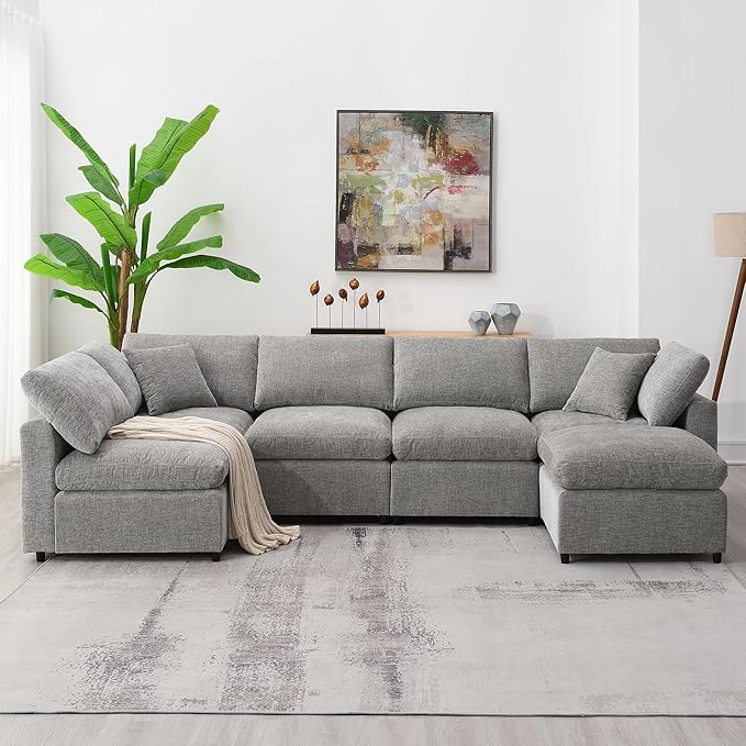 130" Chenille Modular Sofa, Modern 6 Seat Free Combination Cloud Couch Bed Set - Image 3