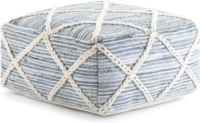 SIMPLIHOME Cowan Boho Square Pouf in Blue, Natural Handloom Woven by SimpliHome