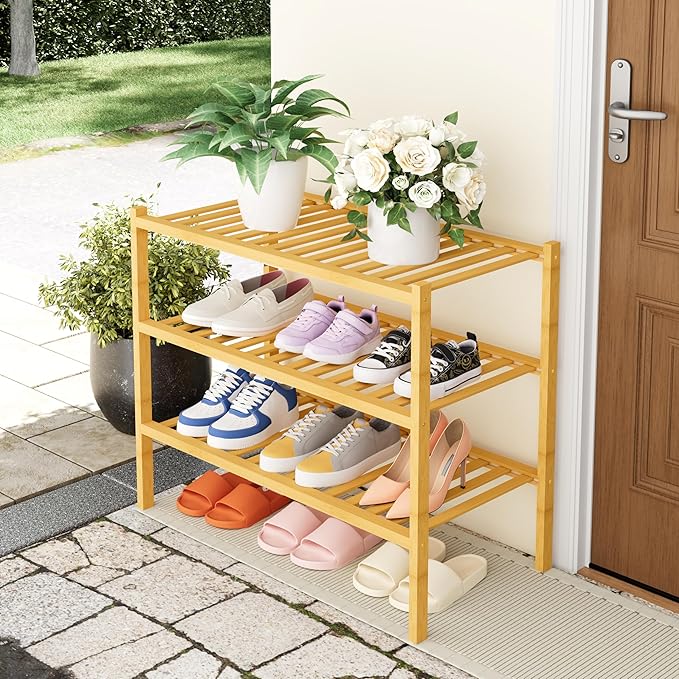 Smiry Shoe Rack, 3 Tier Thick Bamboo Shoe Organizer, Stackable Free Standing - Image 7