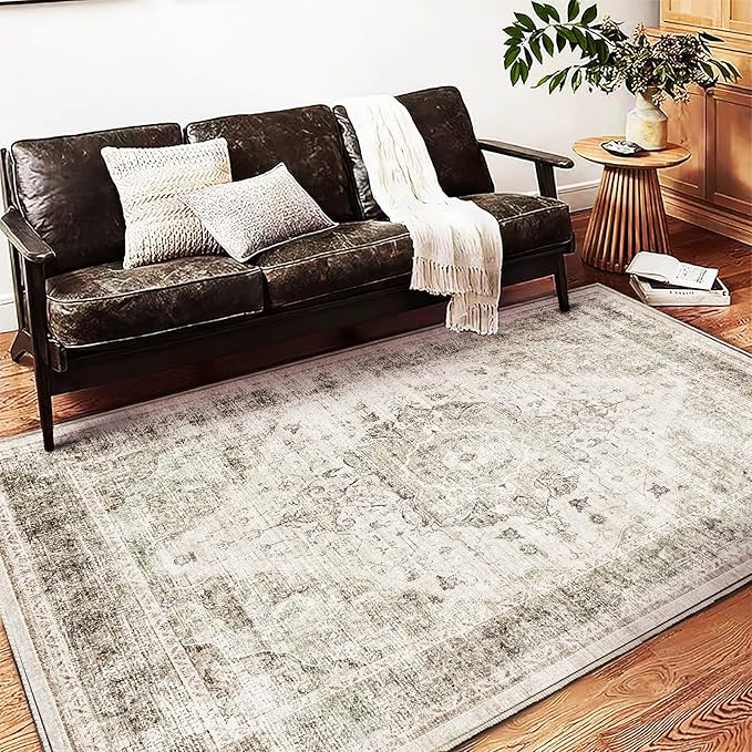 Area Rug 5'x7' Washable Rug Floral Khaki Traditional Floor Cover Thin Retro - Image 3