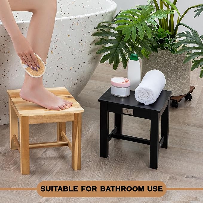 12 Inch Wooden Step Stool, Small Nature Beach Chair Under Desk, Indoor Acacia - Image 6
