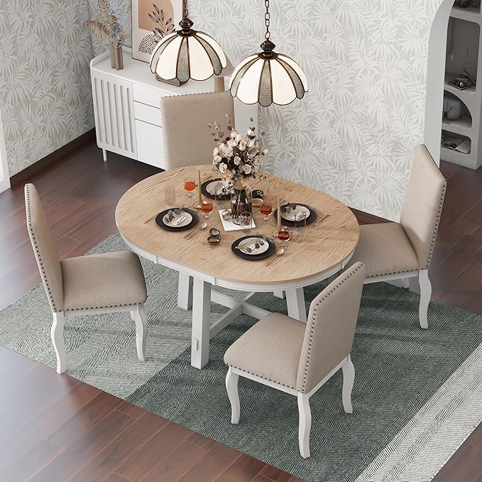 5 Pieces Dining Table Set with 43" Round Extendable Desk, Living Room Furniture by Unknown
