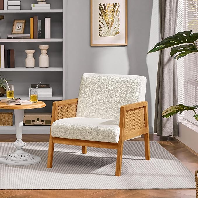 Yaheetech Boucle Fabric Accent Chair, Vintage Rattan Vanity Chair - Image 4