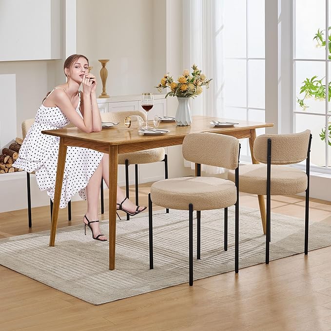 Boucle Dining Chairs, Kitchen Dining Room Chairs Curved Backrest Upholstered - Image 7
