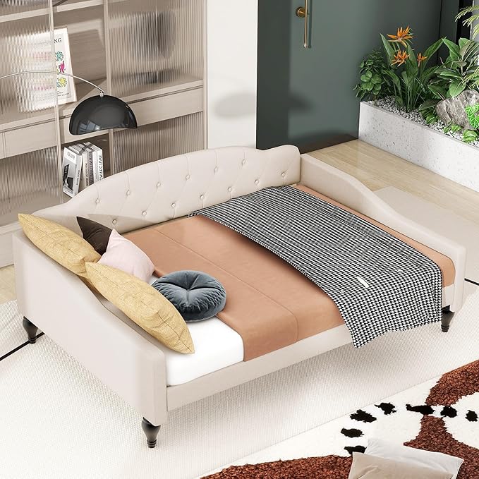 Full Size Upholstered Tufted Daybed, Linen Sofa Bed, Easy Assemble & No Box - Image 4