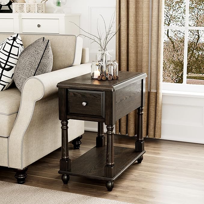 Narrow End Table with Drawer and Open Storage Shelf, Solid Wood Sofa Side Table by VERDANTREE