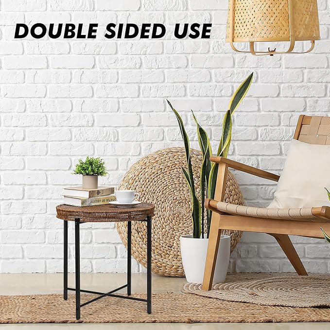 Brown Small Round End Table, 19in Rattan End Tables, Wicker Rattan Side Table - Image 7