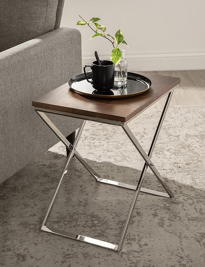 Kate and Laurel Laraway Modern Side Table, Walnut Brown and Silver, Metal End - Image 2