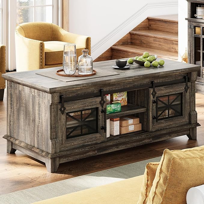 IRONCK 48'' Coffee Table with Sliding Barn Doors, Rustic Center Table with 6 by IRONCK