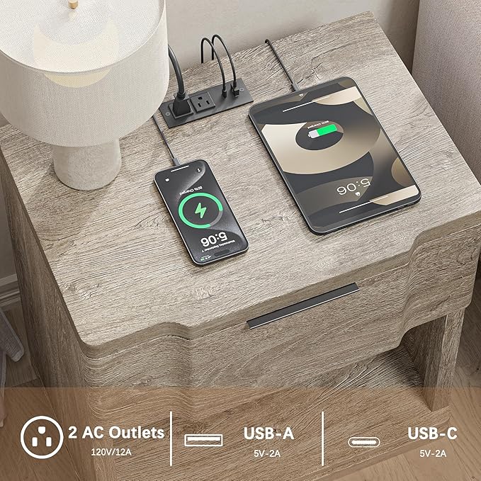 Night Stand with Charging Station, Wooden Mid Century Modern Nightstand with - Image 4