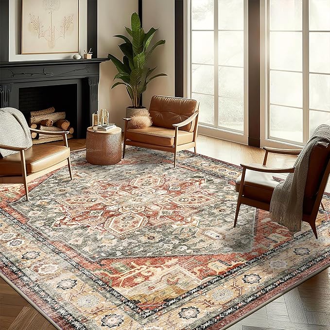 Washable Area Rug 10'x14' Red Khaki Retro Flowers Boho Design Non-Shedding Easy by CHAMPLANT