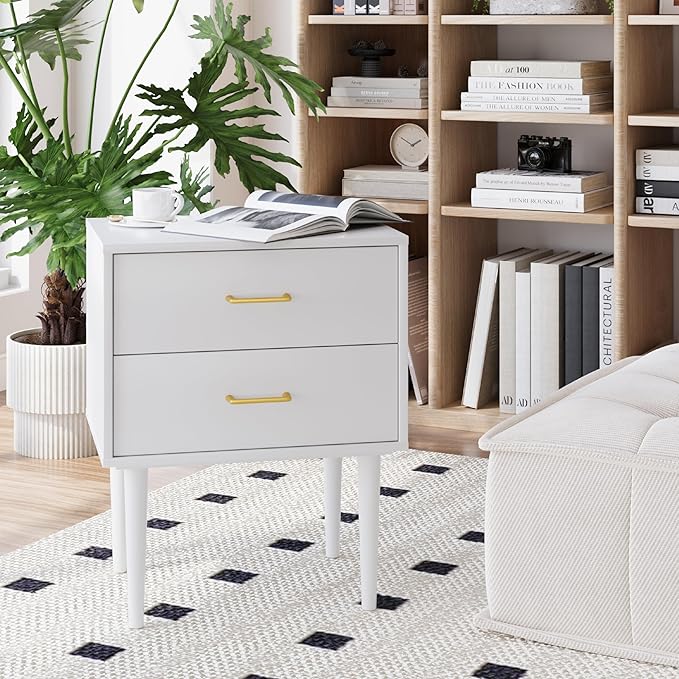 26 H White Nightstand with 2 Drawers, Small Night Stand with Gold Handles - Image 7