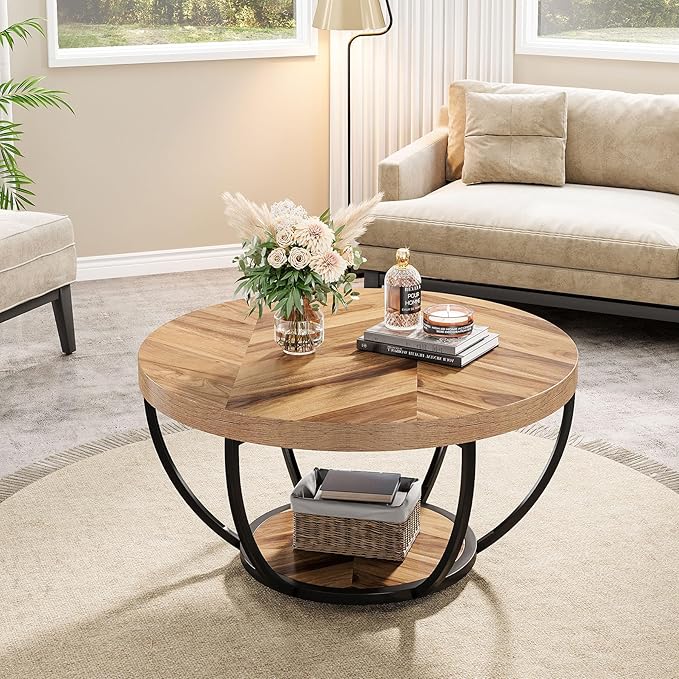 Tribesigns 31.7" Round Industrial Coffee Table - Image 5