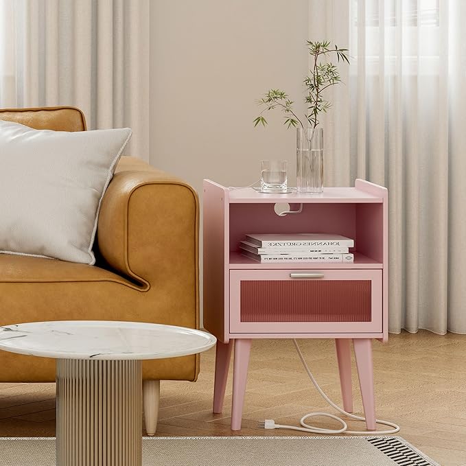 Nightstand with Charging Station, Bedside Tables Pink End Table Side Table with - Image 5
